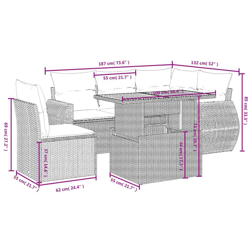 6-delige Loungeset met kussens poly rattan grijs