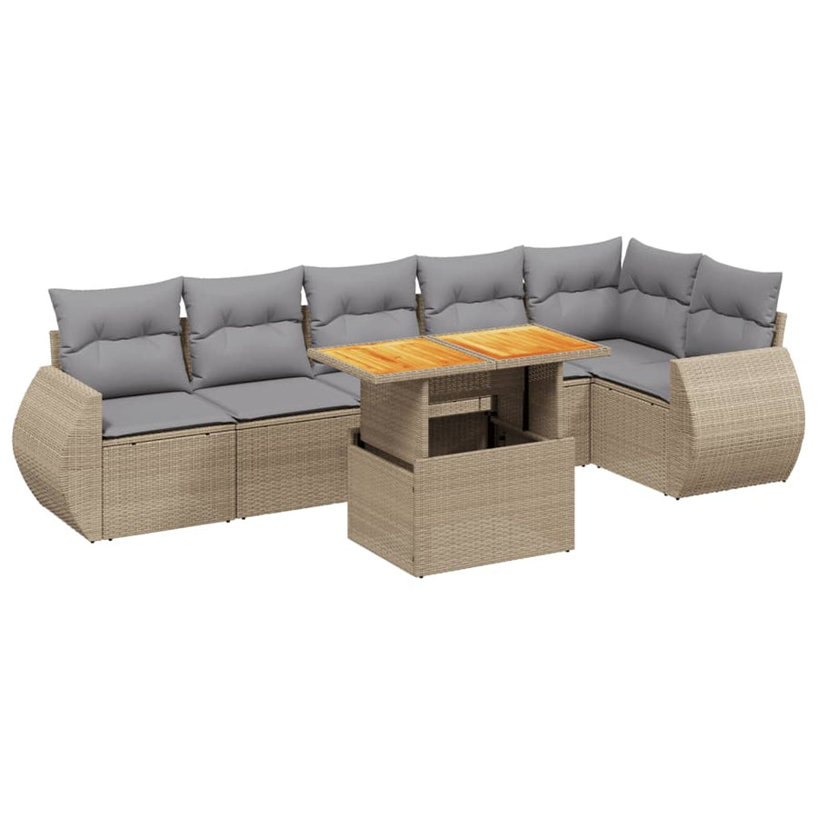 7-delige Loungeset met kussens poly rattan beige