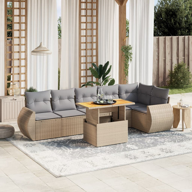 7-delige Loungeset met kussens poly rattan beige