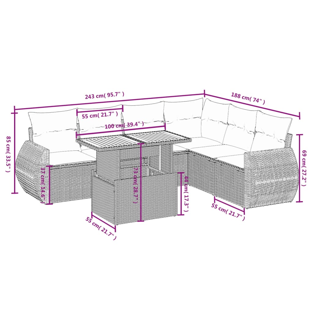 7-Delige Loungeset Met Kussens Poly Rattan Zwart