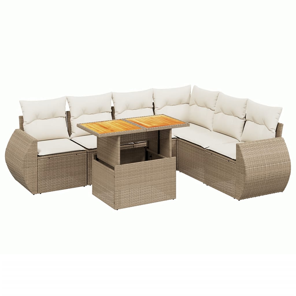 7-delige Loungeset met kussens poly rattan beige