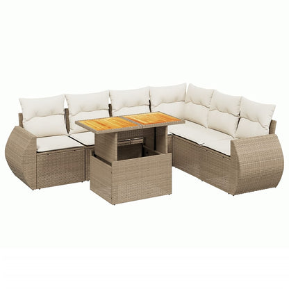 7-delige Loungeset met kussens poly rattan beige