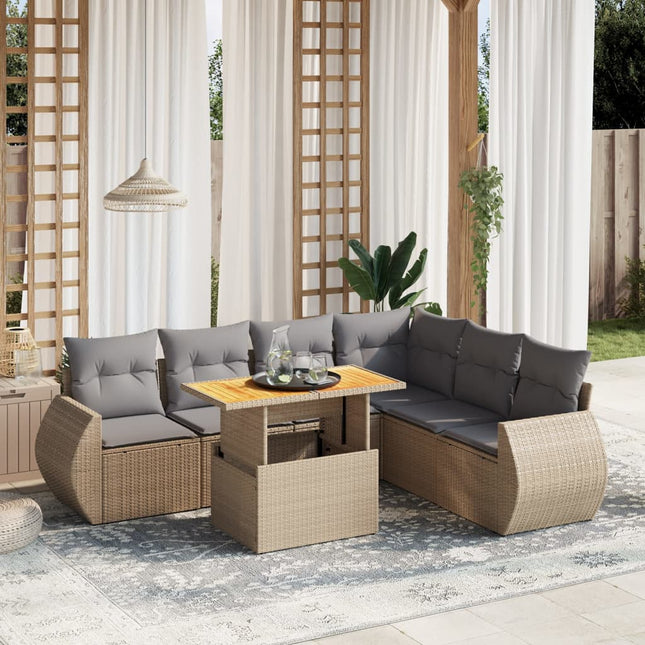 7-delige Loungeset met kussens poly rattan beige