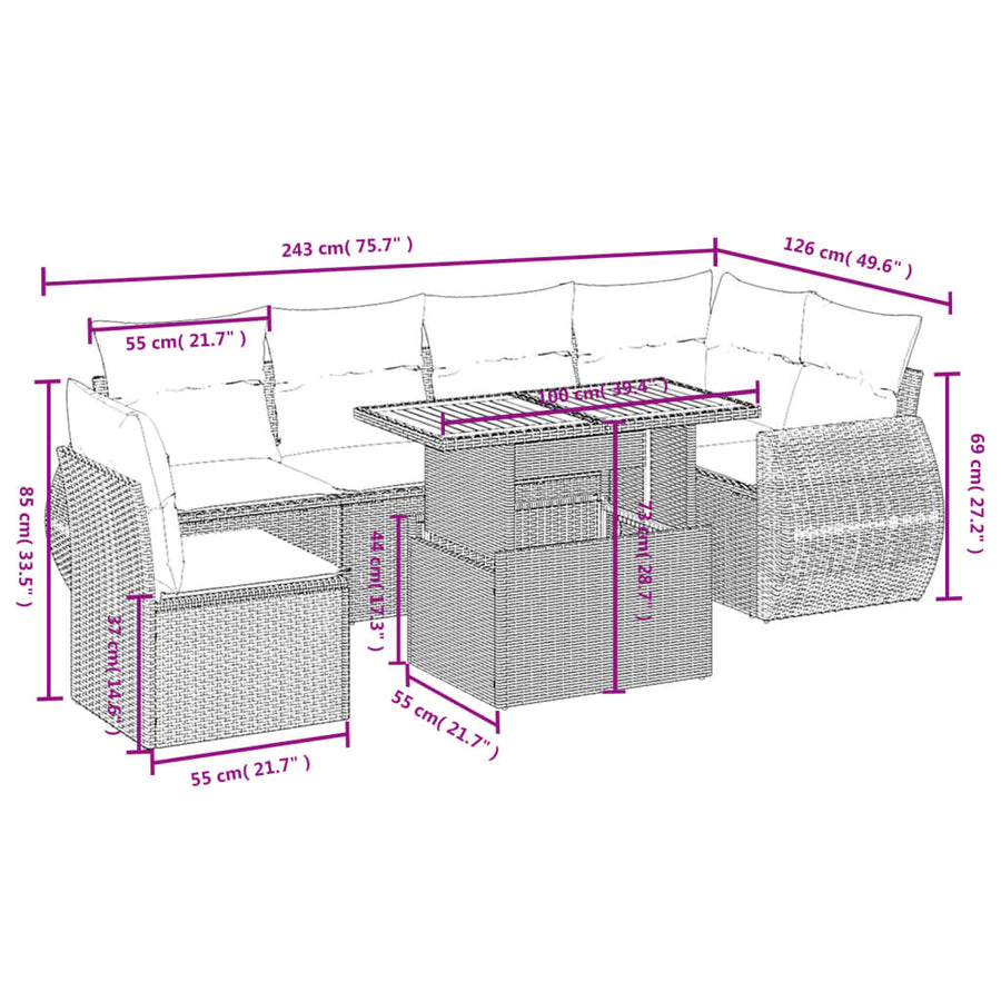 7-Delige Loungeset Met Kussens Poly Rattan Zwart