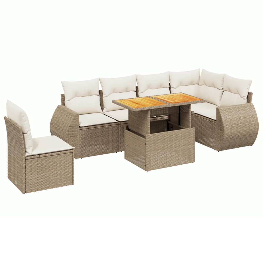 7-delige Loungeset met kussens poly rattan beige