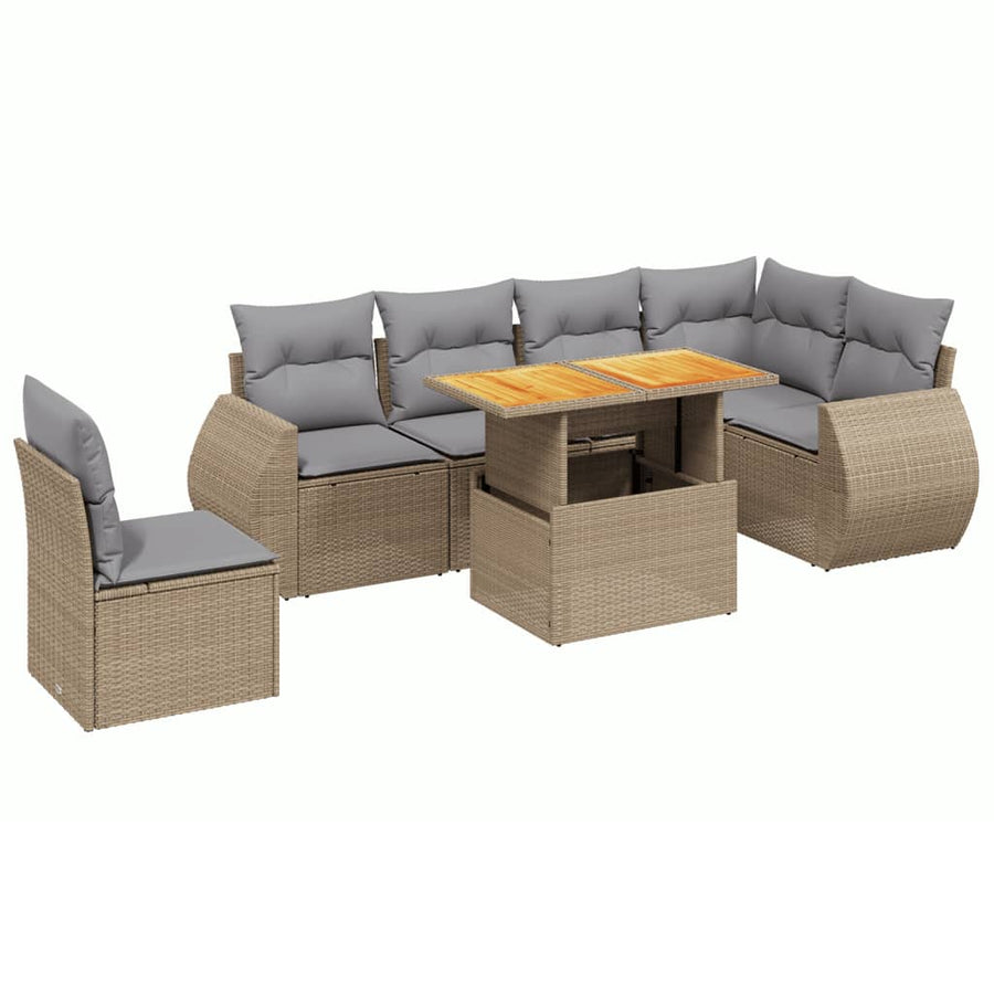 7-delige Loungeset met kussens poly rattan beige