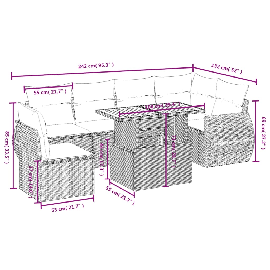 7-delige Loungeset met kussens poly rattan beige