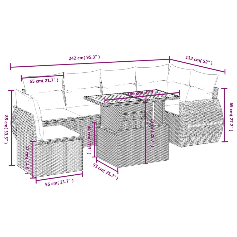 7-delige Loungeset met kussens poly rattan beige