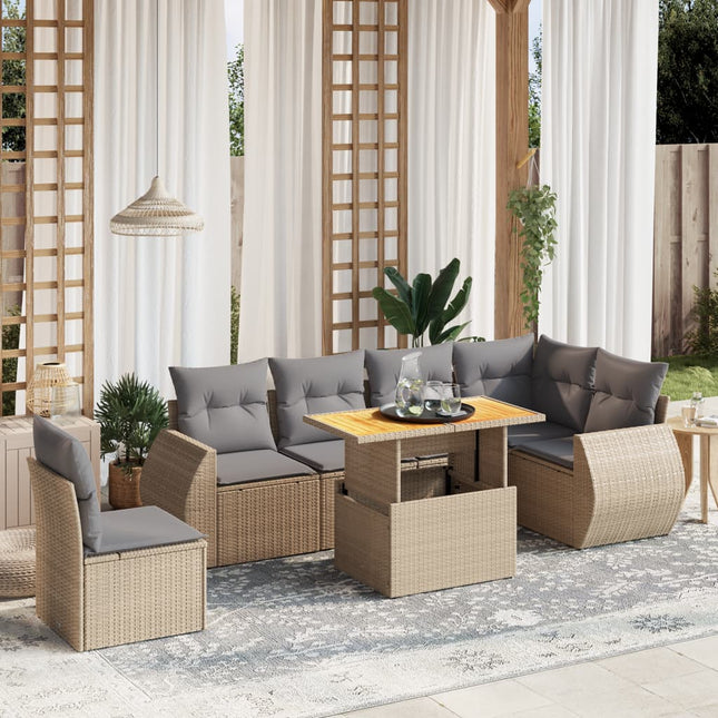 7-delige Loungeset met kussens poly rattan beige