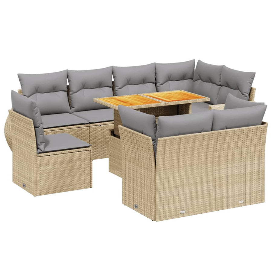 9-delige Loungeset met kussens poly rattan beige