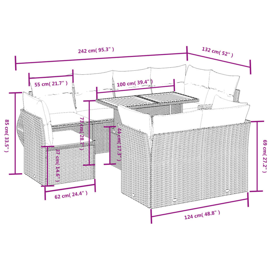 9-delige Loungeset met kussens poly rattan beige