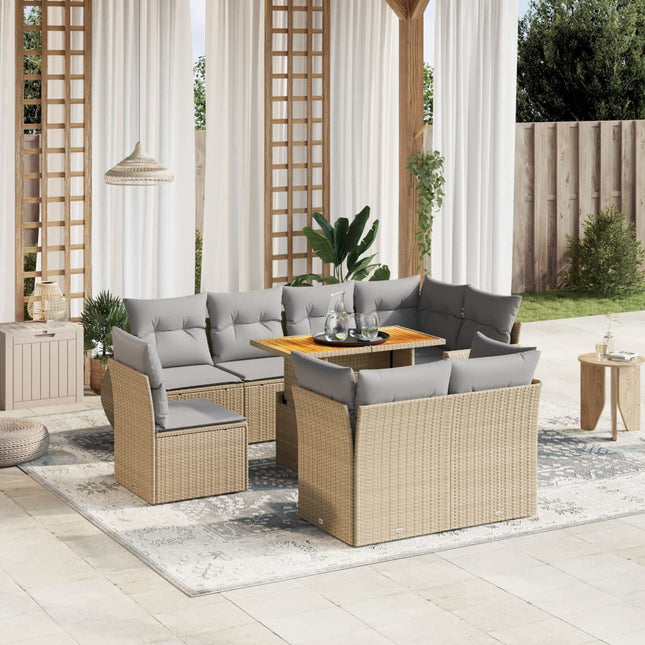 9-delige Loungeset met kussens poly rattan beige