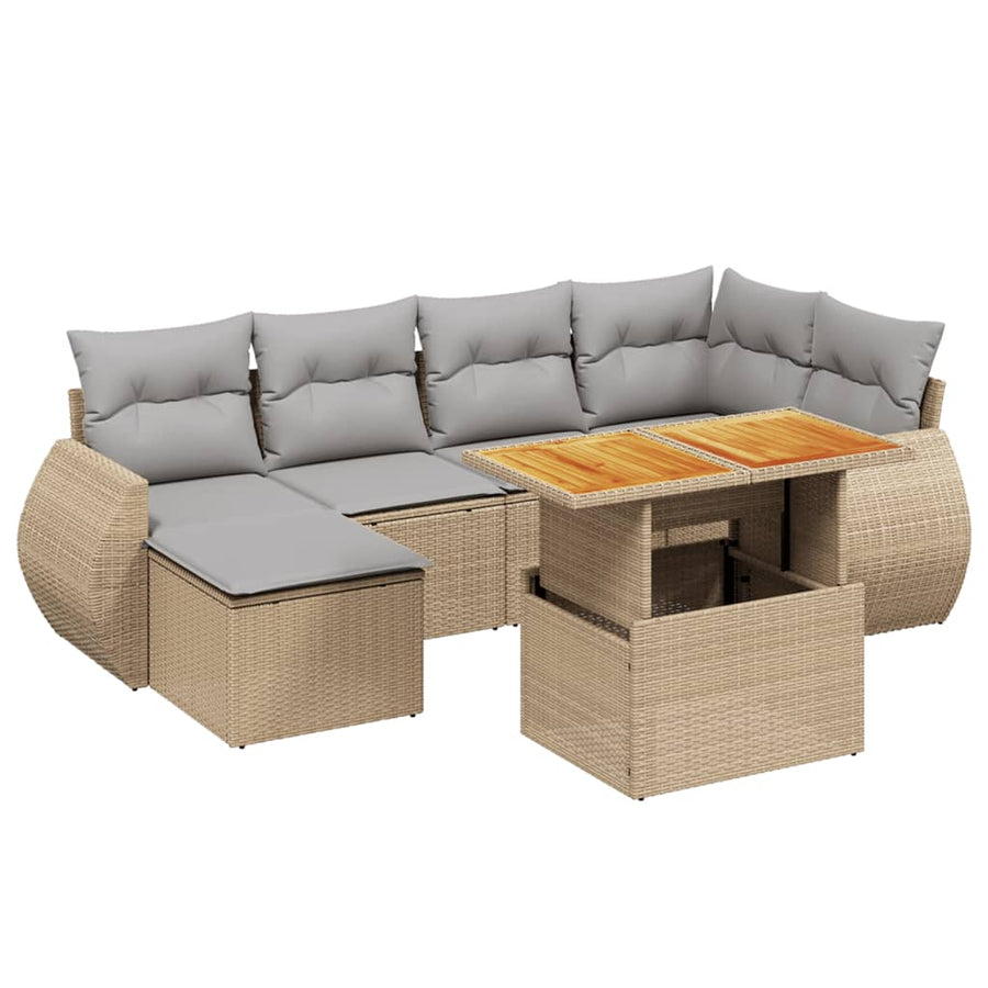 7-delige Loungeset met kussens poly rattan beige