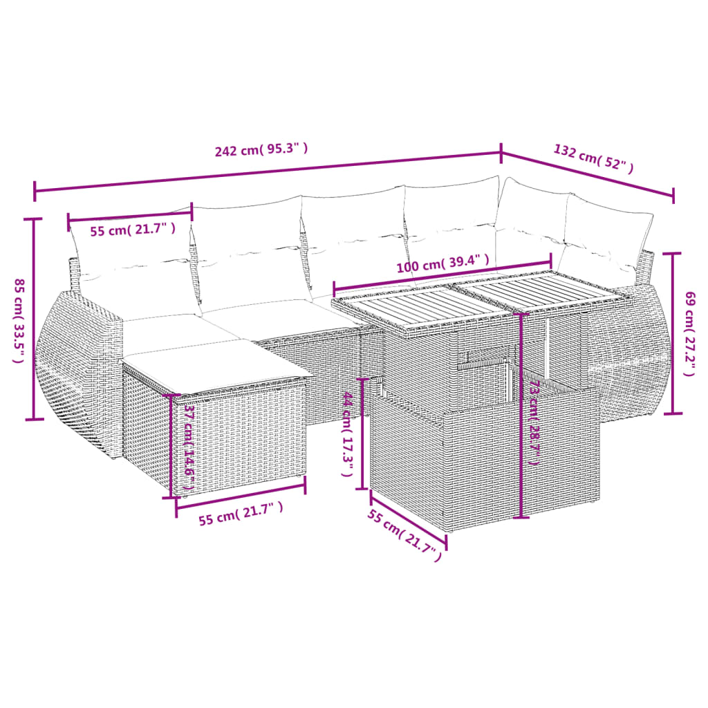 7-delige Loungeset met kussens poly rattan grijs