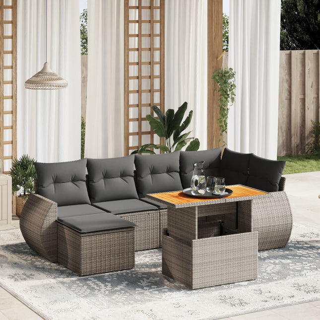 7-delige Loungeset met kussens poly rattan grijs