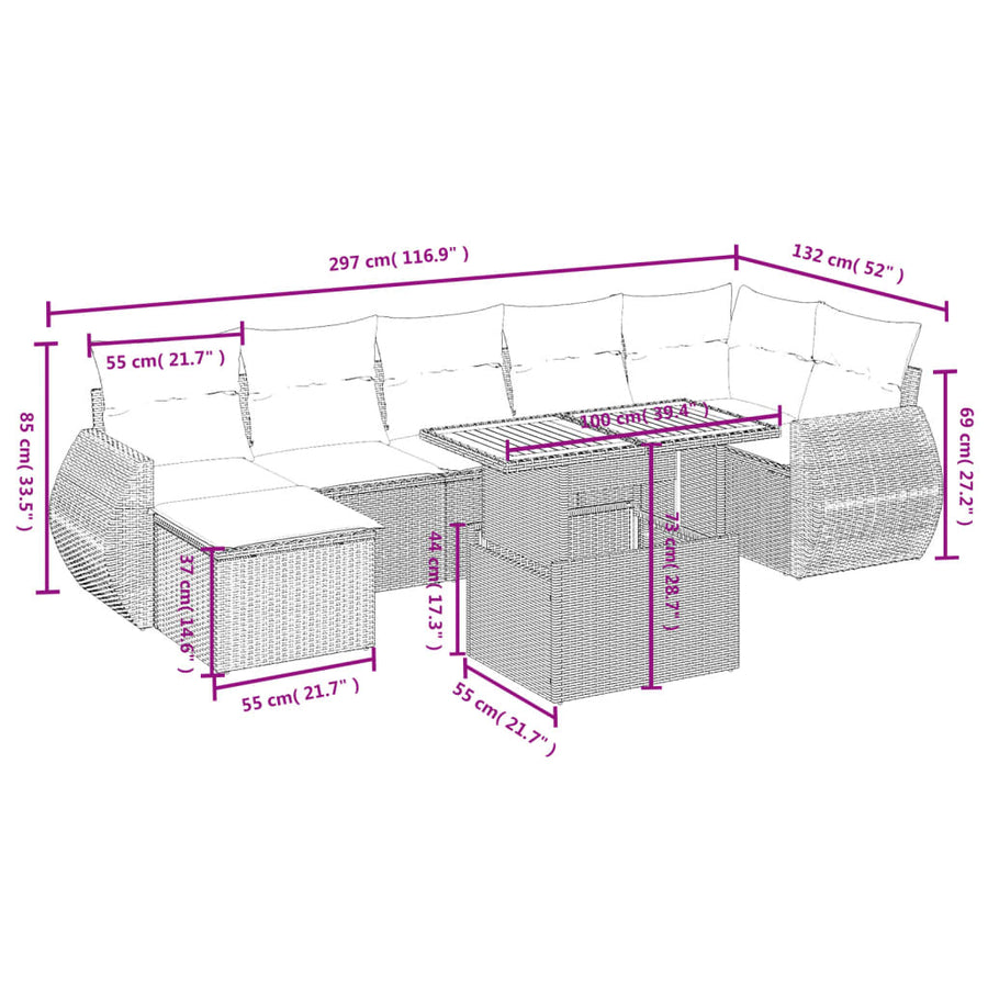 8-delige Loungeset met kussens poly rattan beige