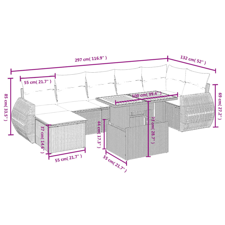 8-delige Loungeset met kussens poly rattan grijs