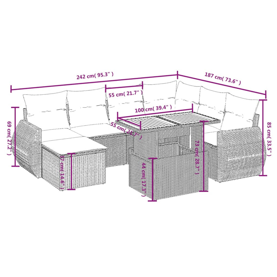 8-delige Loungeset met kussens poly rattan beige