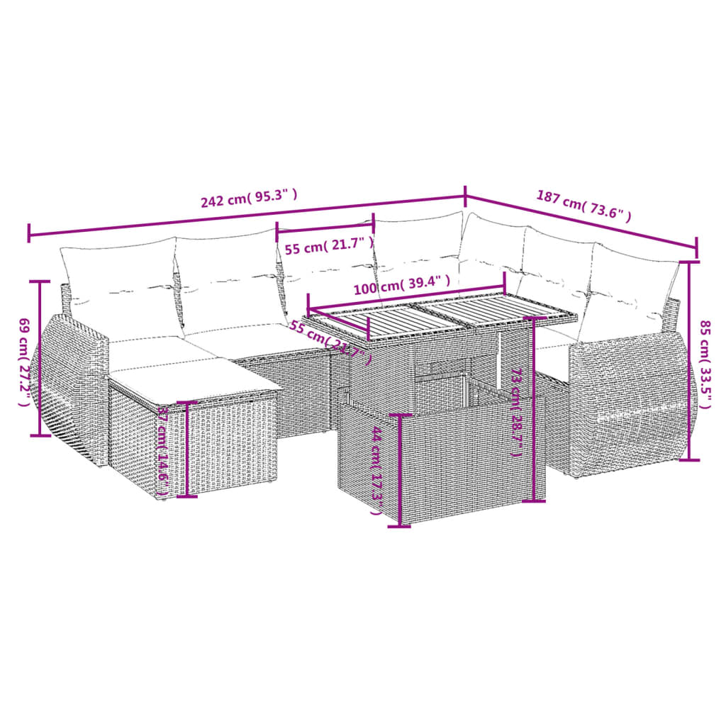 8-delige Loungeset met kussens poly rattan grijs