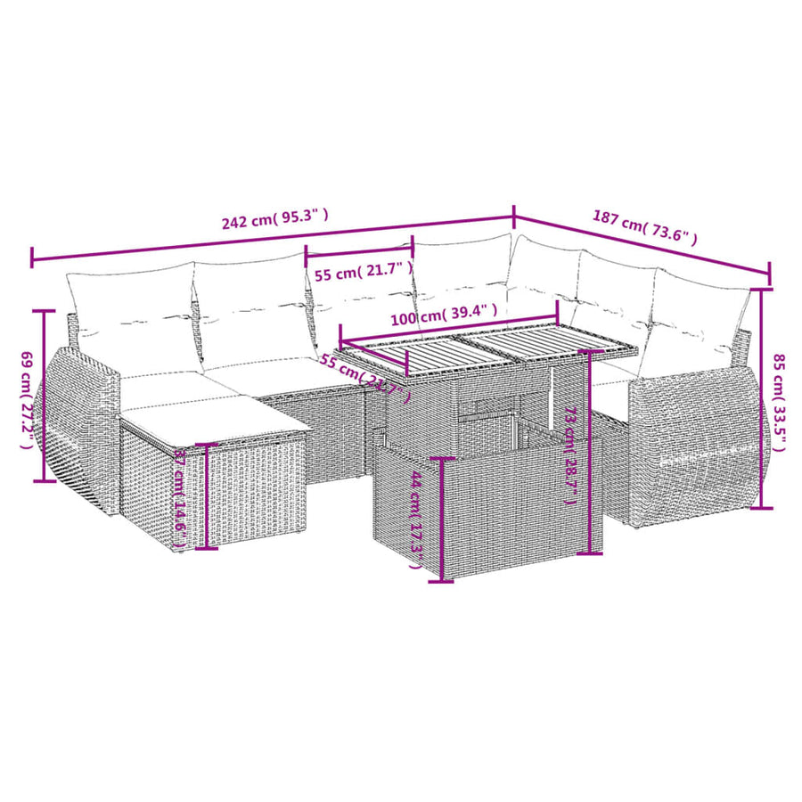8-delige Loungeset met kussens poly rattan grijs