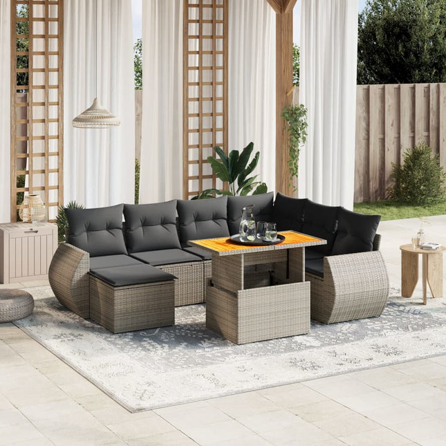 8-delige Loungeset met kussens poly rattan grijs