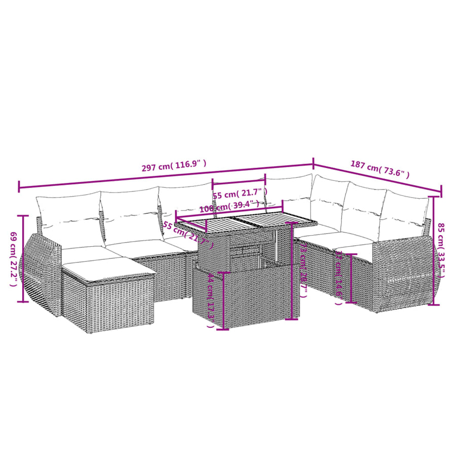9-delige Loungeset met kussens poly rattan beige