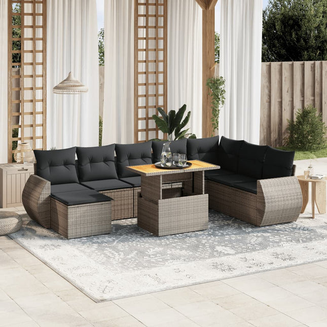 9-delige Loungeset met kussens poly rattan grijs