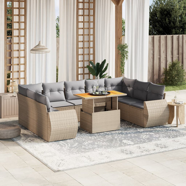 10-delige Loungeset met kussens poly rattan beige