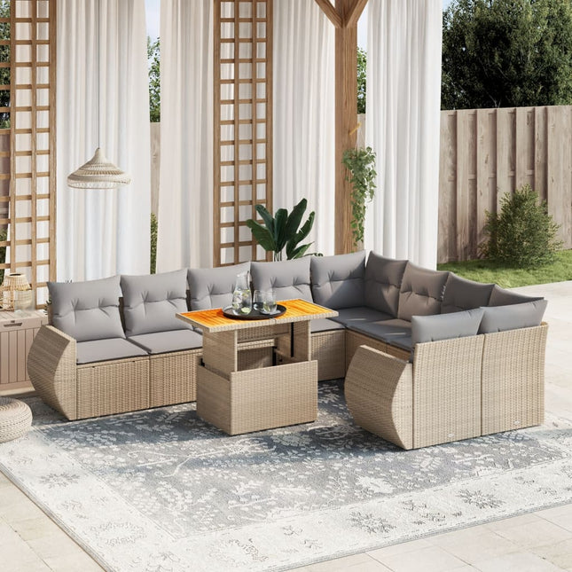 10-delige Loungeset met kussens poly rattan beige