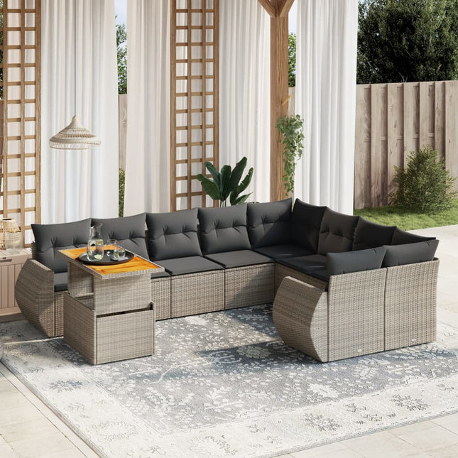 10-delige Loungeset met kussens poly rattan grijs