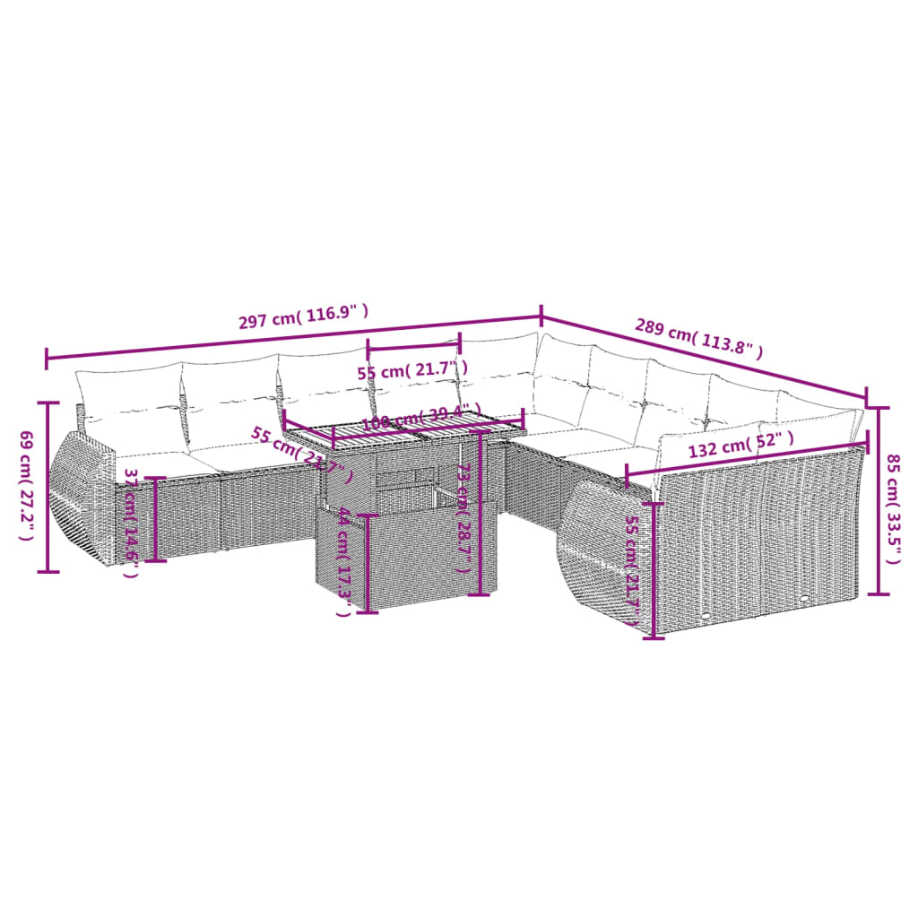 11-delige Loungeset met kussens poly rattan grijs