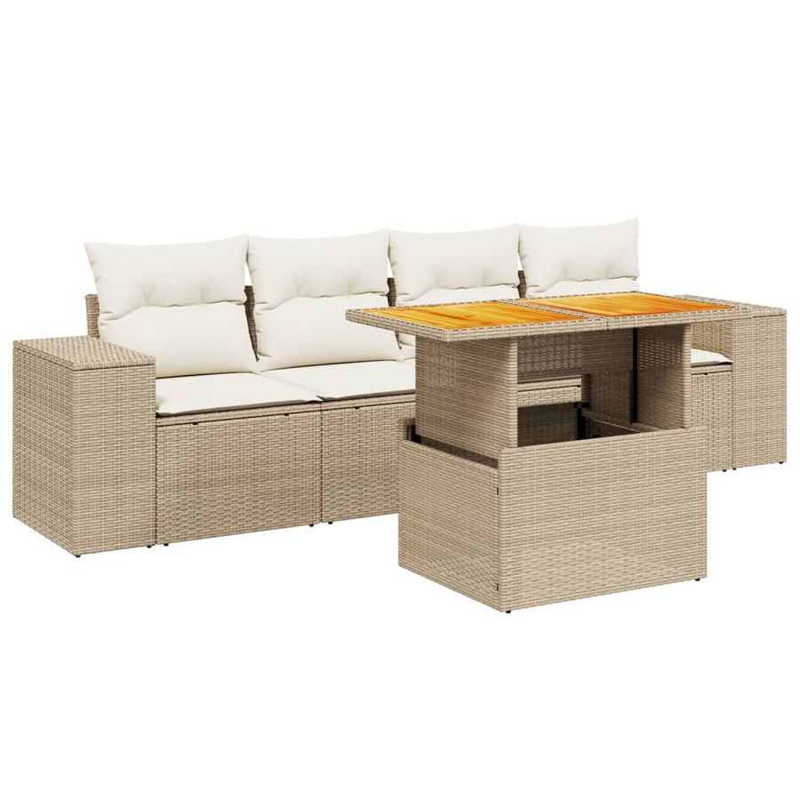 5-delige Loungeset met kussens poly rattan beige