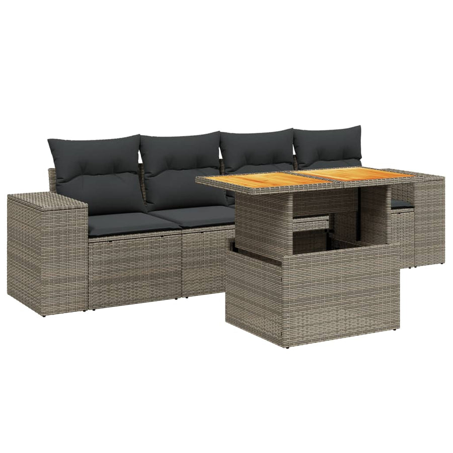 5-delige Loungeset met kussens poly rattan grijs