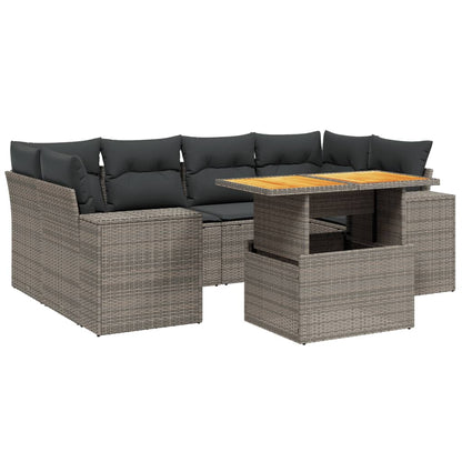 7-delige Loungeset met kussens poly rattan grijs