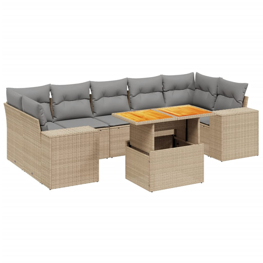 8-delige Loungeset met kussens poly rattan beige