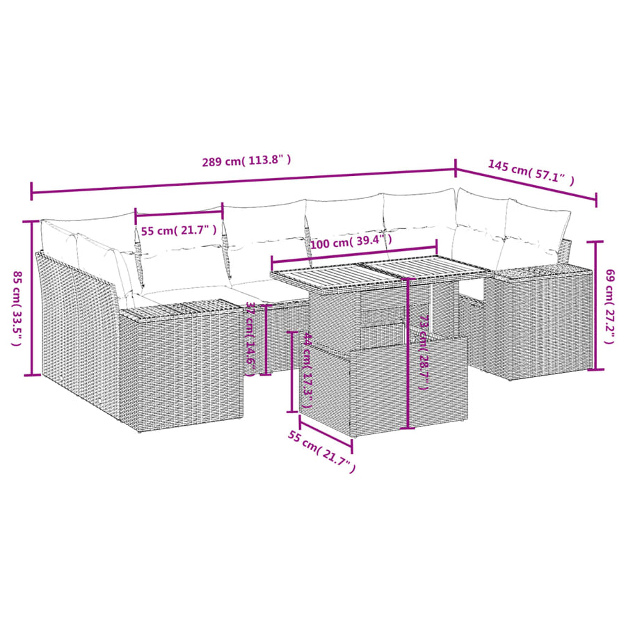 8-delige Loungeset met kussens poly rattan beige