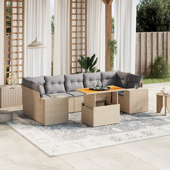 8-delige Loungeset met kussens poly rattan beige