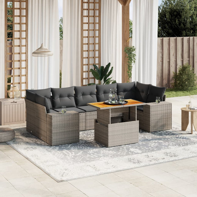 8-delige Loungeset met kussens poly rattan grijs