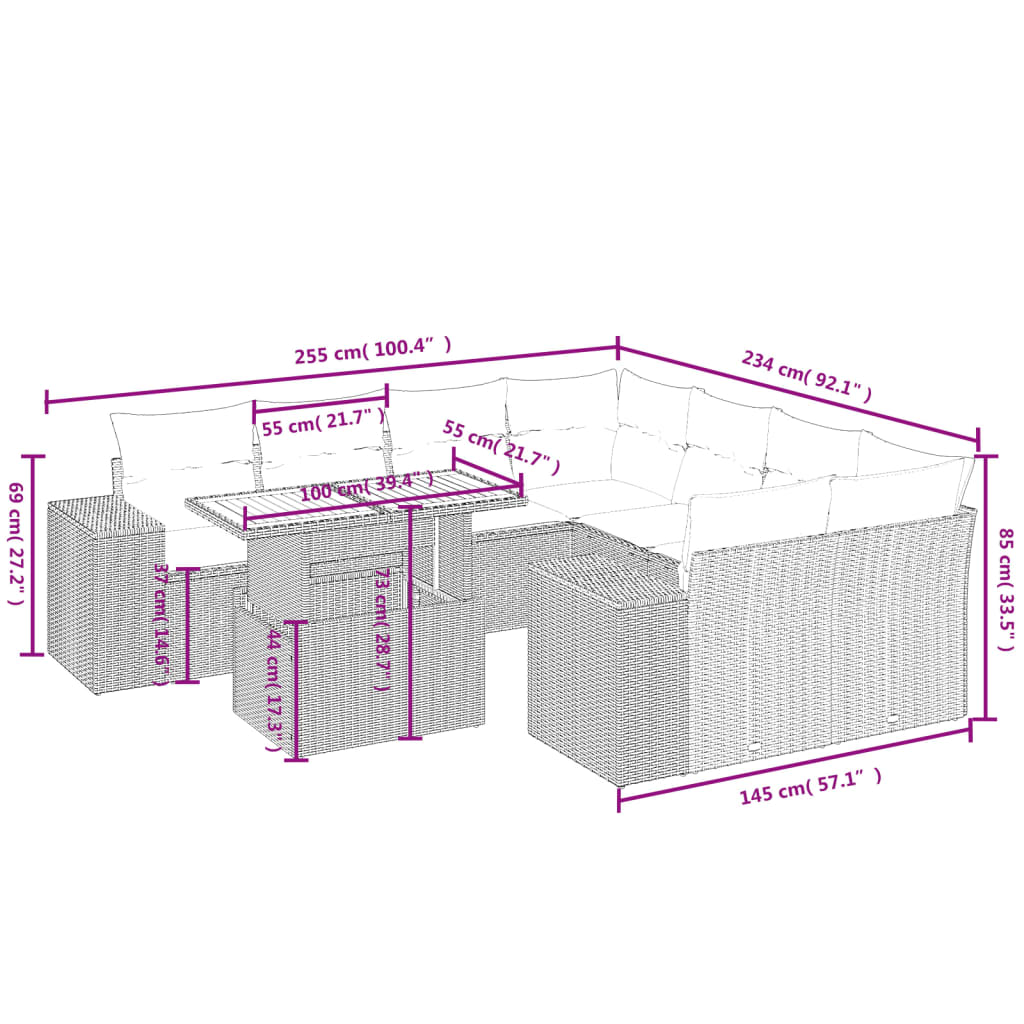 9-Delige Loungeset Met Kussens Poly Rattan Zwart