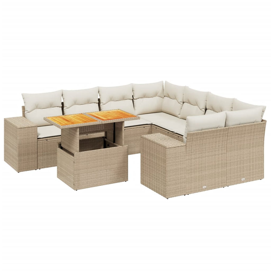 9-delige Loungeset met kussens poly rattan beige
