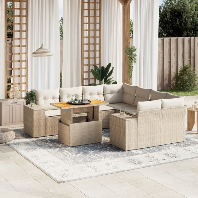 9-delige Loungeset met kussens poly rattan beige