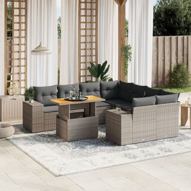 9-delige Loungeset met kussens poly rattan grijs