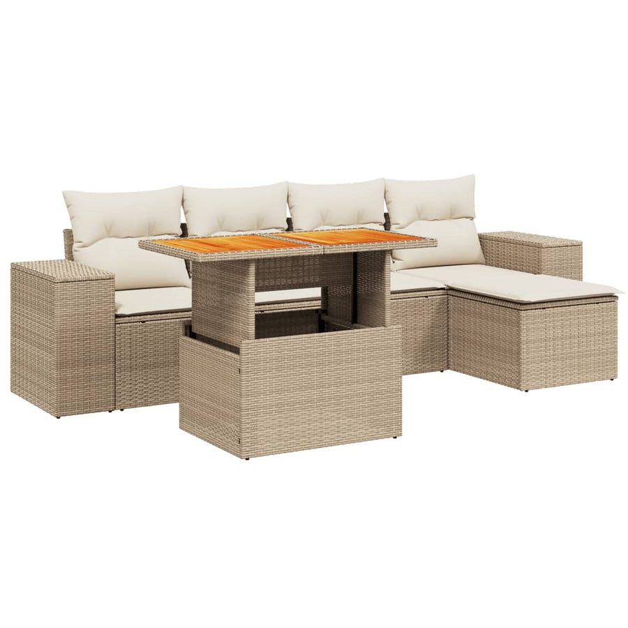 6-delige Loungeset met kussens poly rattan beige