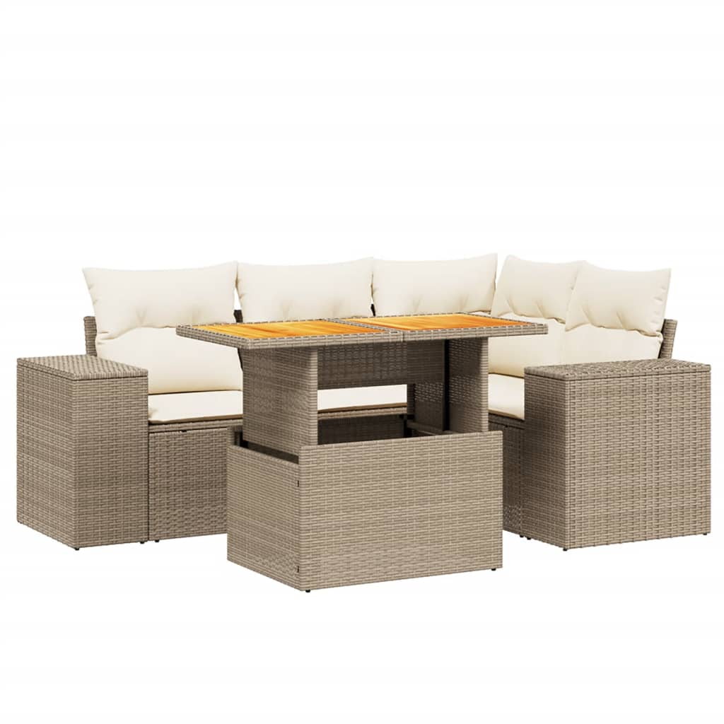 5-delige Loungeset met kussens poly rattan beige