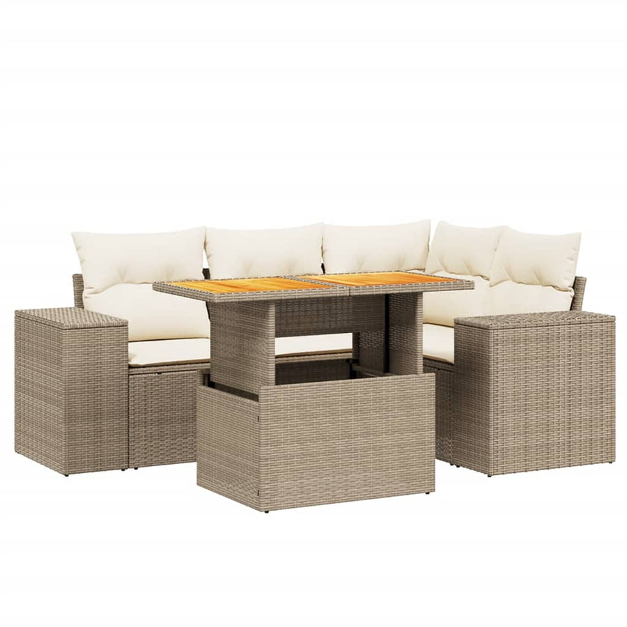5-delige Loungeset met kussens poly rattan beige