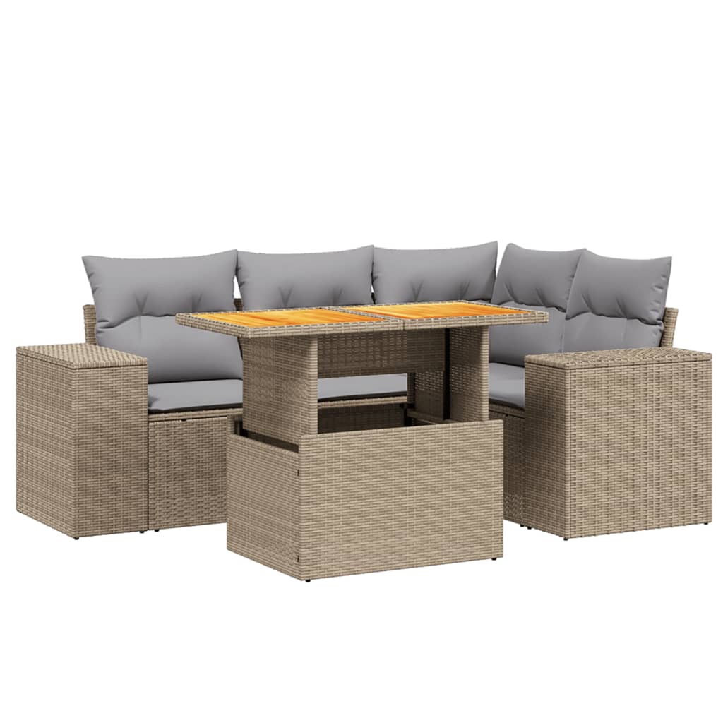 5-delige Loungeset met kussens poly rattan beige