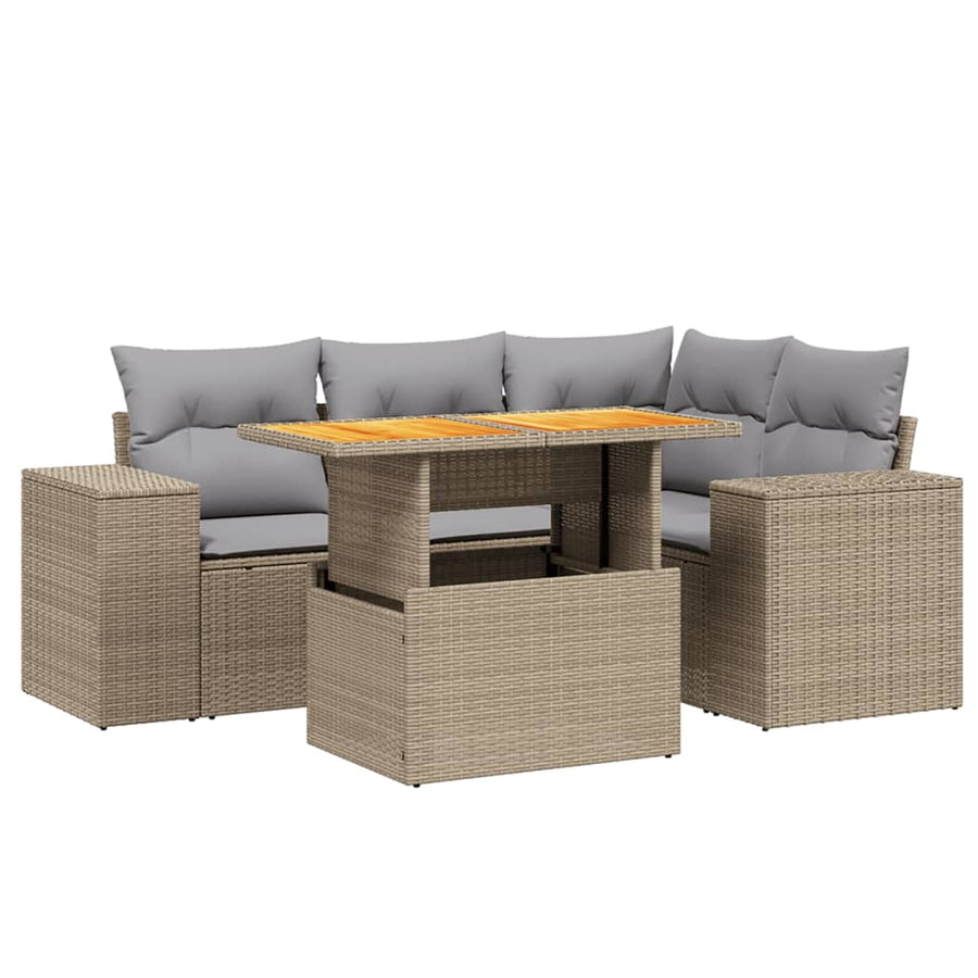5-delige Loungeset met kussens poly rattan beige