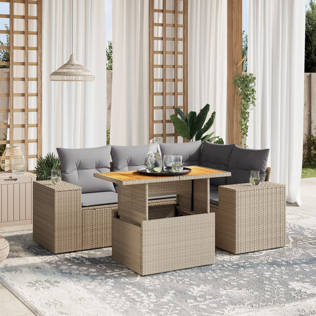 5-delige Loungeset met kussens poly rattan beige