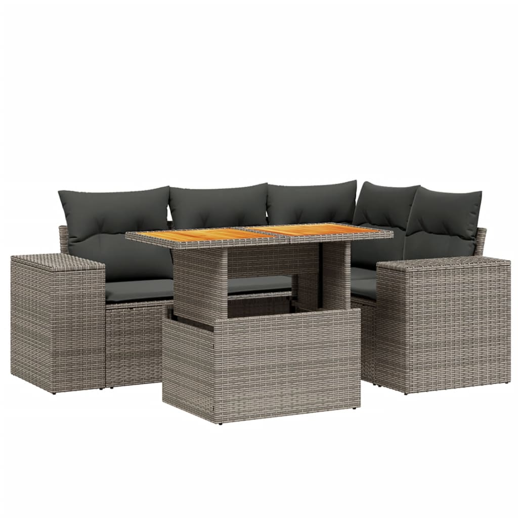 5-delige Loungeset met kussens poly rattan grijs