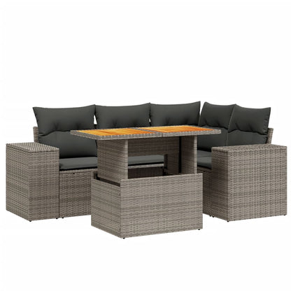 5-delige Loungeset met kussens poly rattan grijs